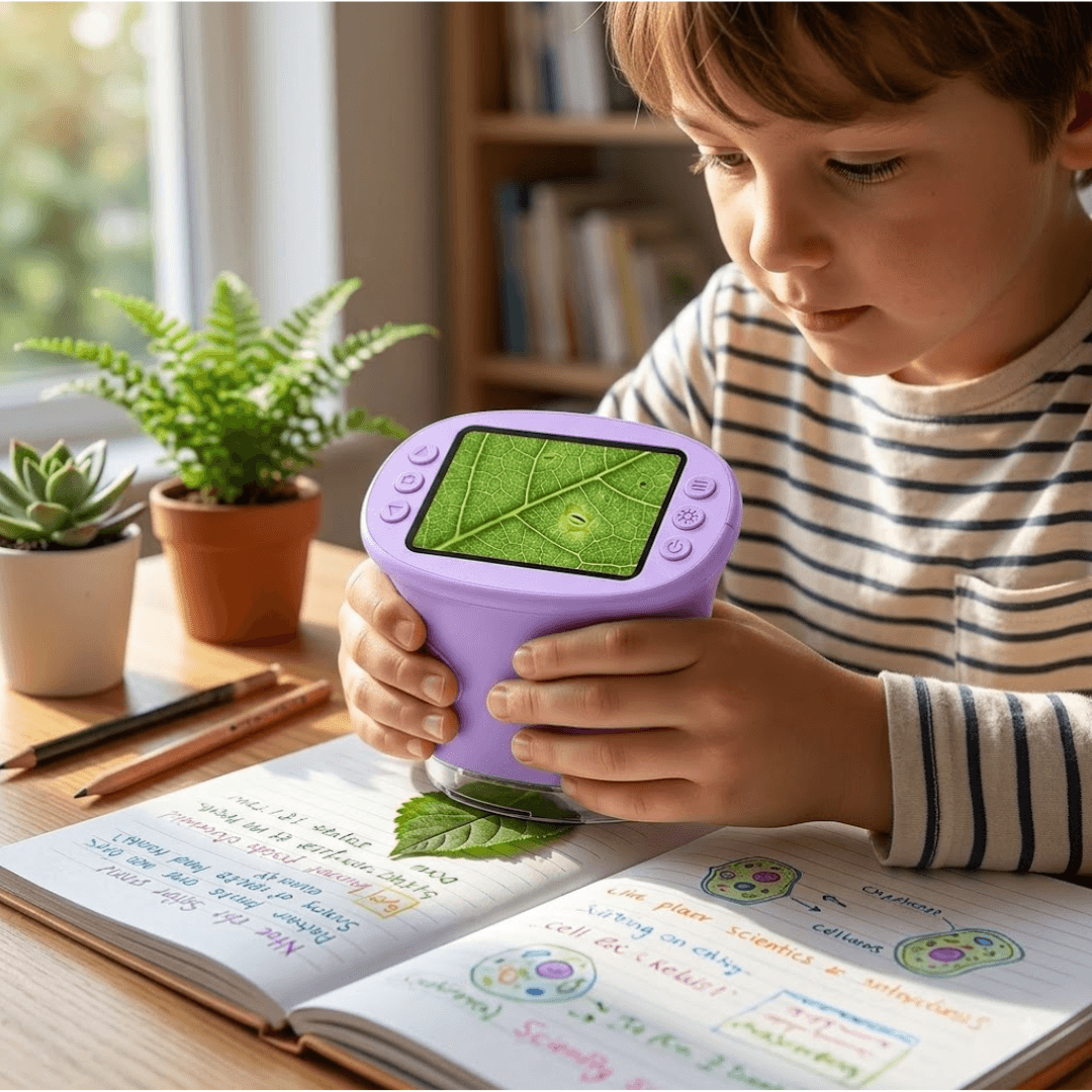 Child happily exploring with handheld microscope